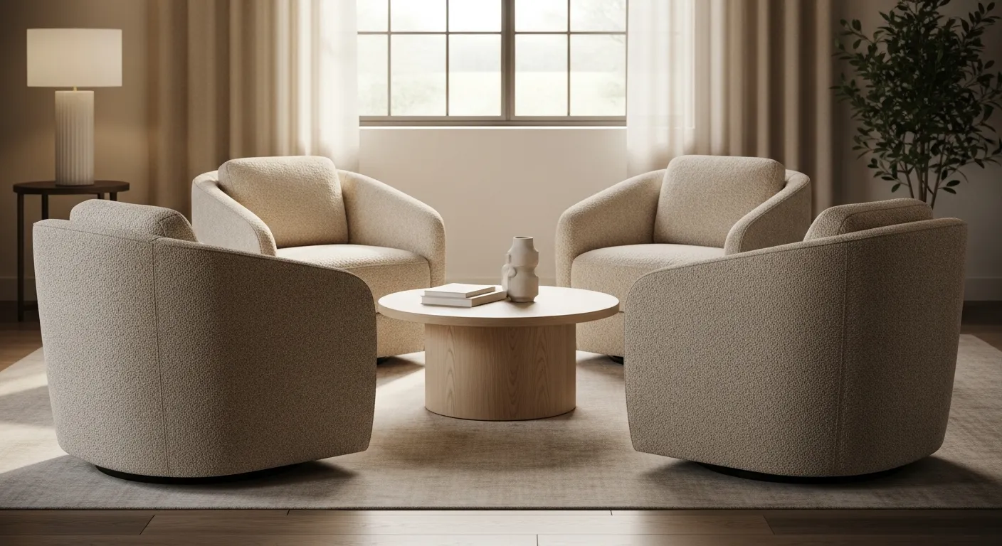 A Modern, Inviting Conversation Circle Living Room With Four Oversized, Plush Swivel Armchairs, Arranged in a Tight, Perfect Circle