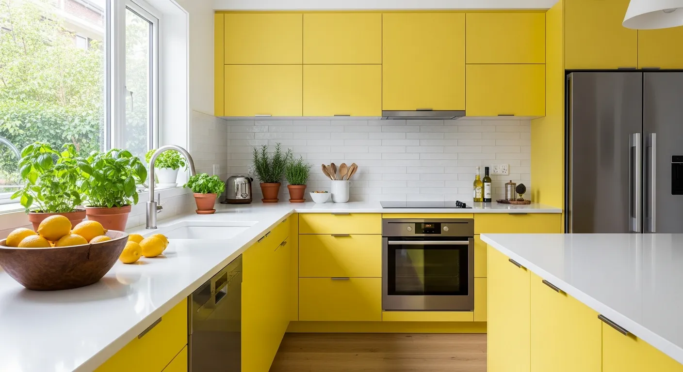 A Modern, Inviting Kitchen With a Sleek, Matte Sunny Yellow Kitchen Cabinets