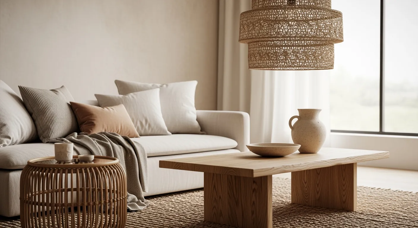 A Modern, Inviting Living Room Interior, Meticulously Showcasing Diverse Natural Textures