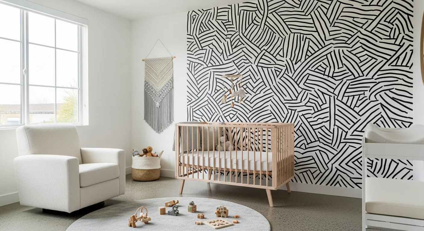 A Modern, Inviting Nursery Room Interior Illuminating an Accent Wall Covered in a Bold, Hand-drawn Black and White Striped Wallpaper