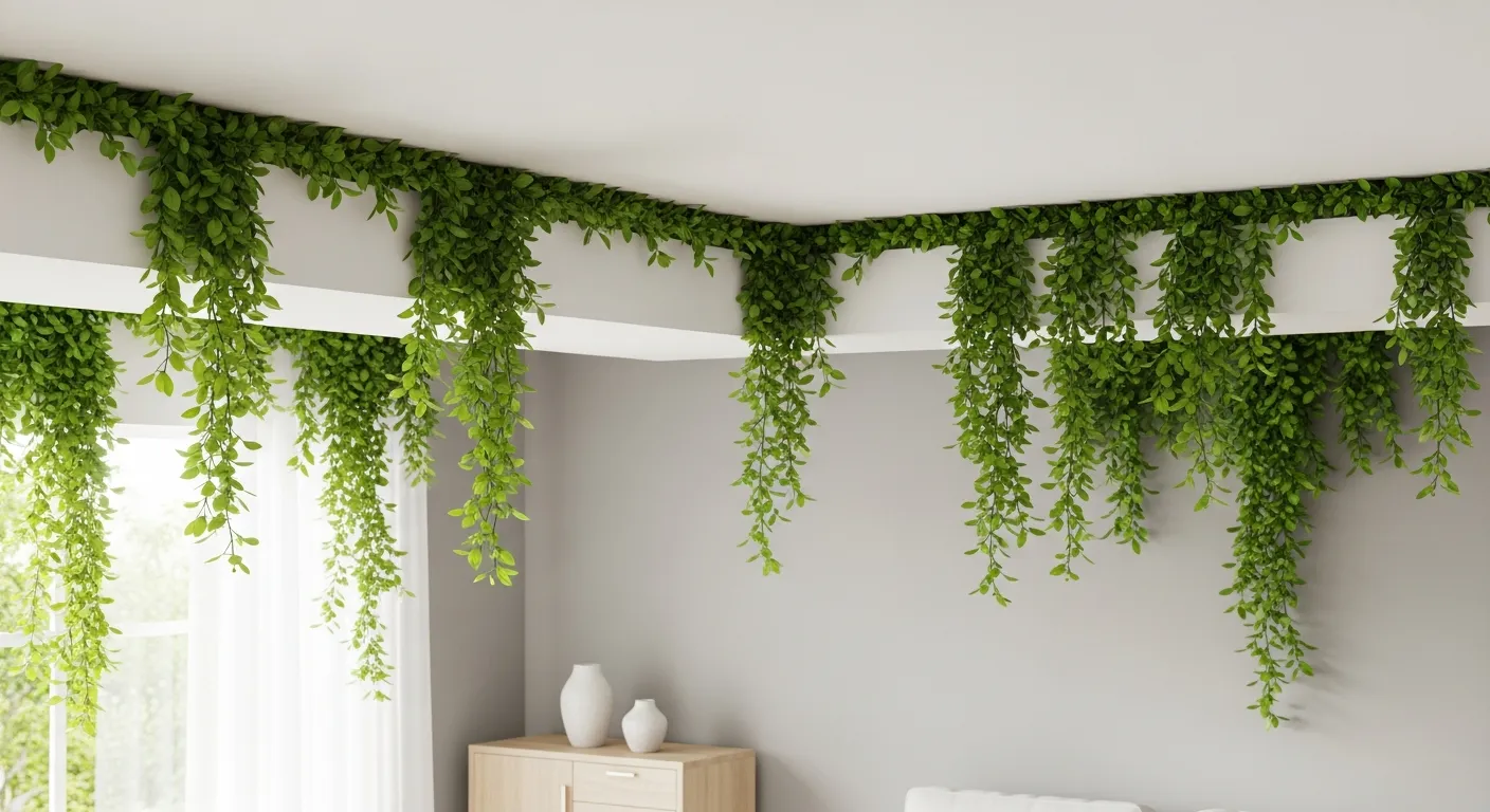 A Modern, Inviting Room With Lush, Vibrant Green Faux Vine Strands Are Artfully Adorned Along the Crisp, Clean Line
