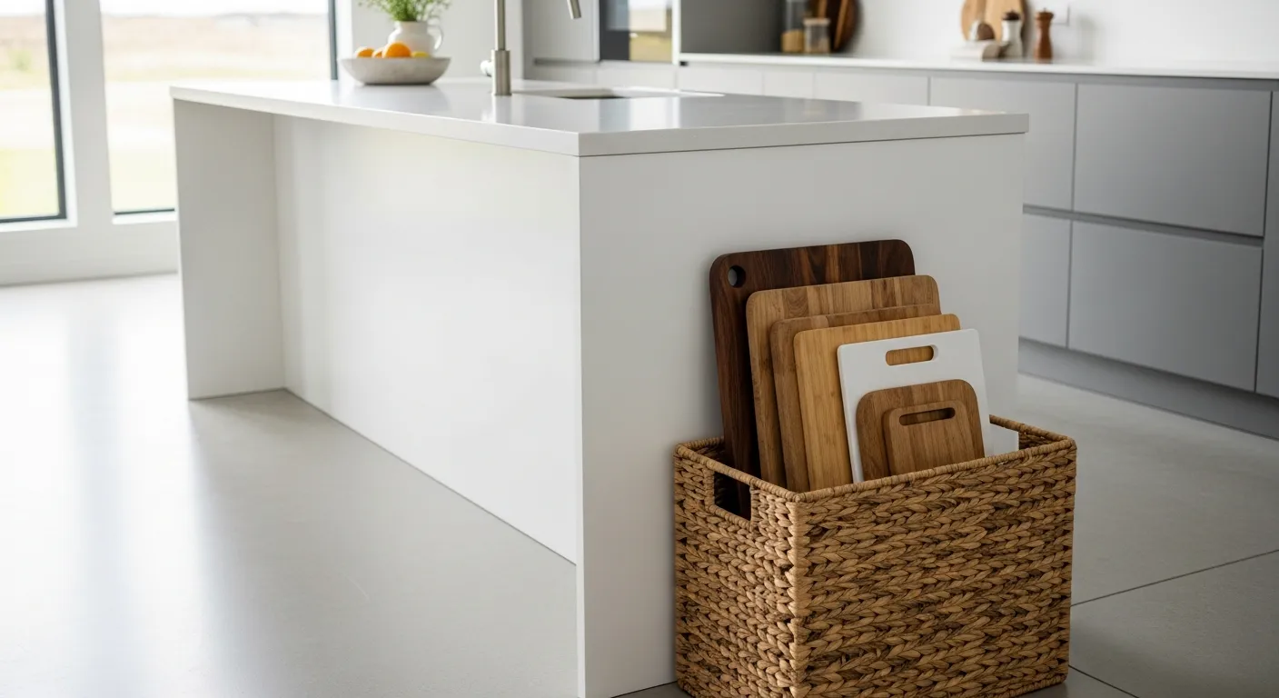 A Modern Kitchen Interior With a Rustic Woven Wicker Basket is Neatly Filled With a Vertically Stacked Assortment of Diverse Cutting Boards