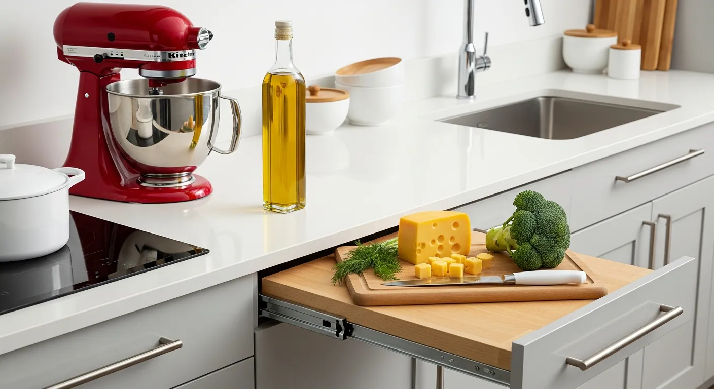 A Modern Kitchen Interior, a Light Wooden Butcher Block Style Pull-out Cutting Board is Fully Extended From the Light Grey Kitchen Cabinets