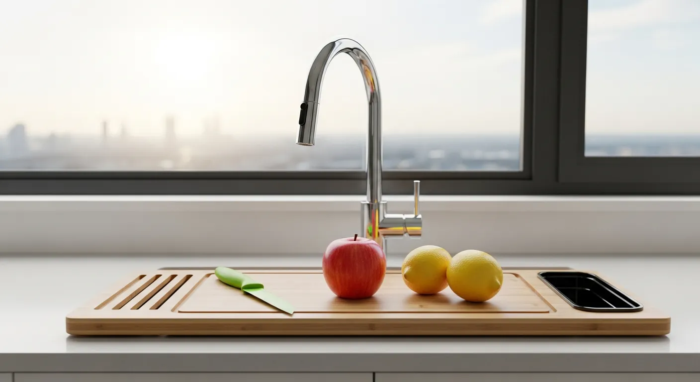 A Modern Kitchen Sink Setup With a Light-toned Bamboo Over-the-sink Sliding Board