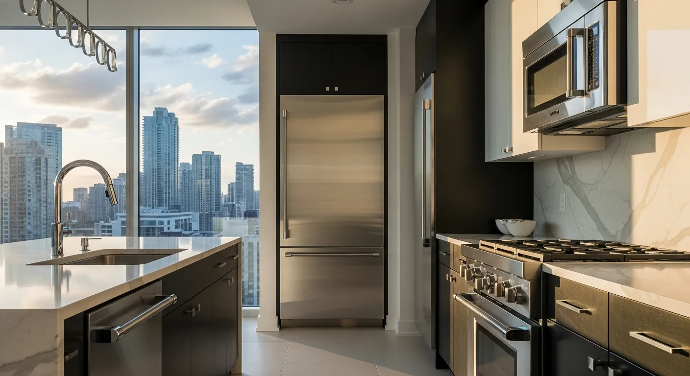 A Modern Kitchen With Stainless Steel Counter Depth Fridge, Dark Cabinetry, White Countertops