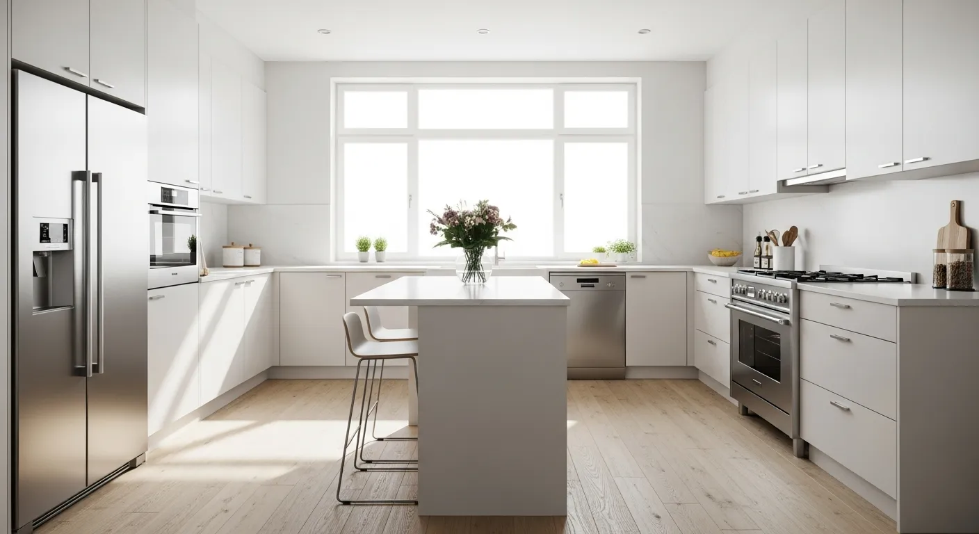 A Modern Kitchen With White Cabinets, Stainless Steel Standard Depth Fridge and Wood Floors