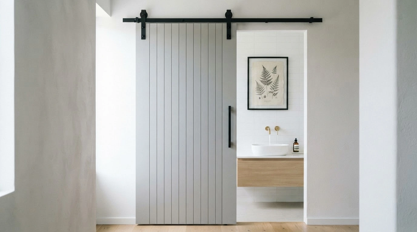 A Modern Light Grey Vertical Slat Barn Door With Black Hardware