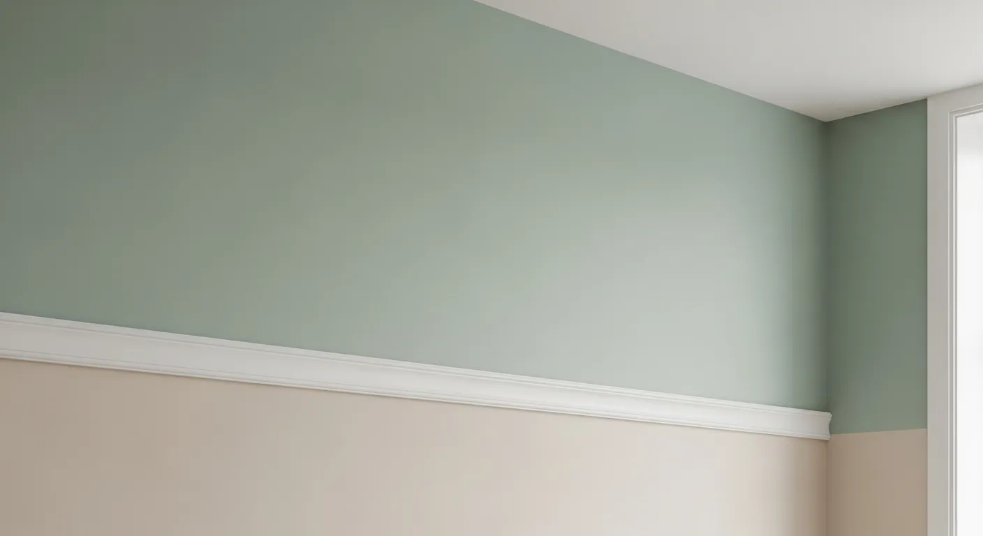 A Modern Living Room Designed With the Wall Painted in Light Muted Sage Green, and Beige