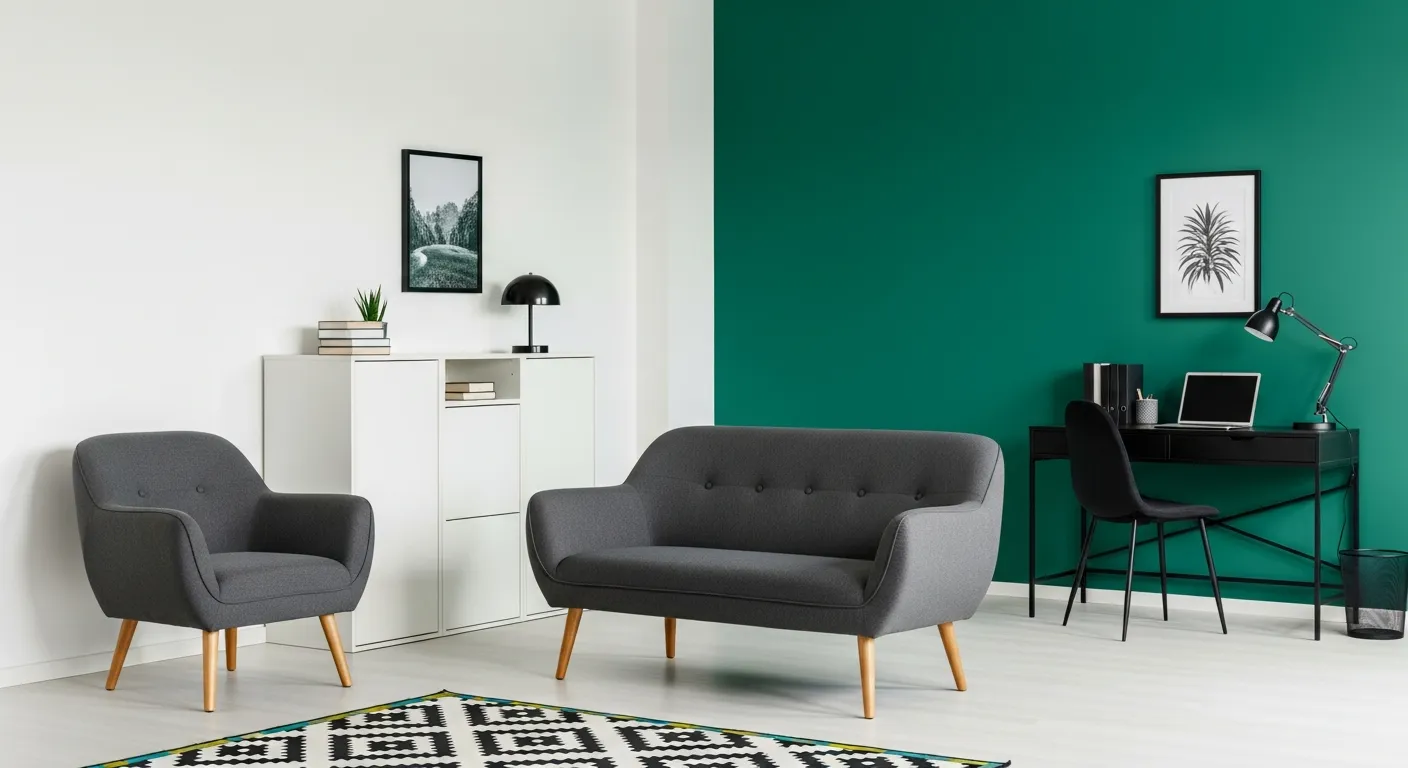 A Modern Living Room Featuring a White Storage, Black Desk and Chair Against a Vibrant Emerald Green Wall