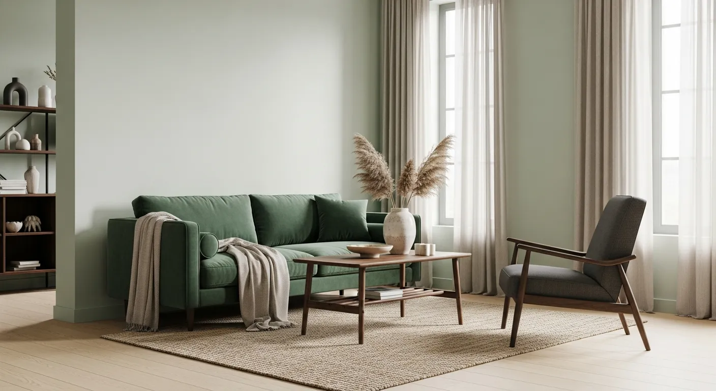 A Modern Living Room With Light Sage Green Walls and Dark Green Furniture