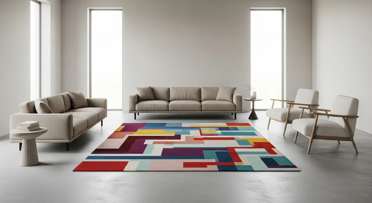 A Modern Living Room, With a Single, Oversized, Abstract Art Rug With Vibrant, Geometric Patterns, Centrally Positioned on a Polished Concrete Floor