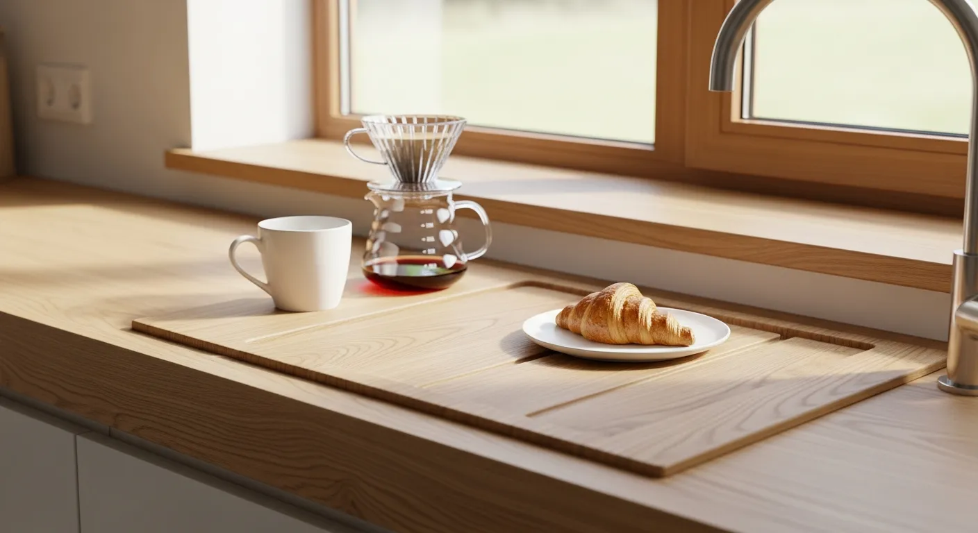A Modern, Minimalist Kitchen Sink Area Beautifully Crafted With Thick, Light Oak Wood Sink Cover, Precisely Covers the Sink, Extending the Counter Space
