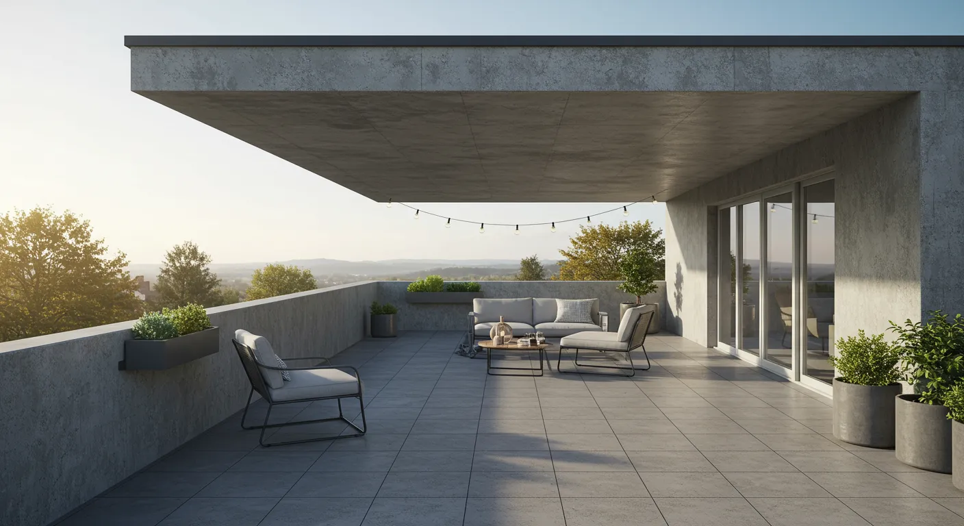 A Modern Minimalistic Flat Roof Made of Smooth Grey Concrete A Modern Minimalistic Flat Roof Made of Smooth Grey Concrete