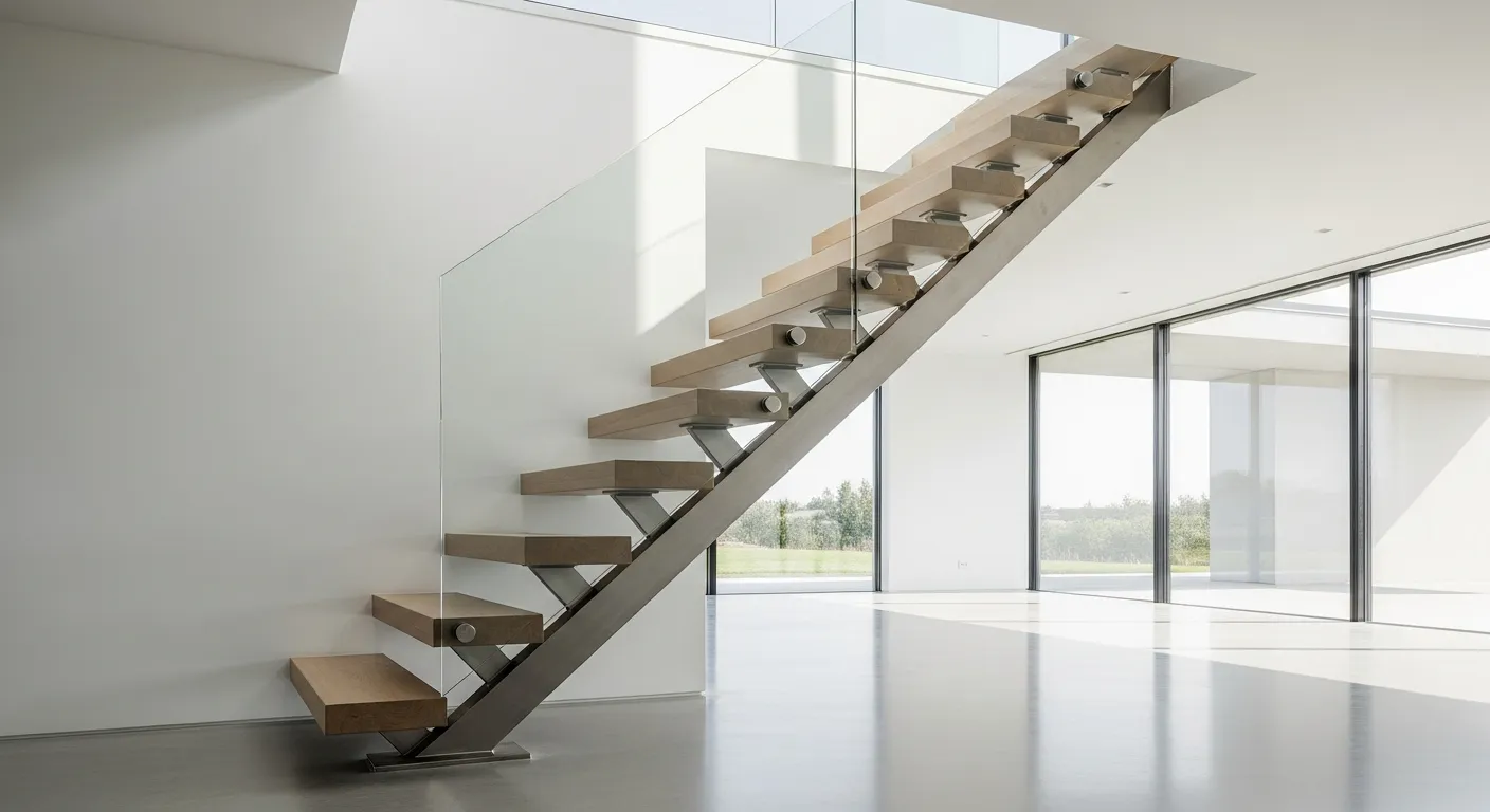 A Modern Monostringer Staircase Within a Minimalist Home Interior