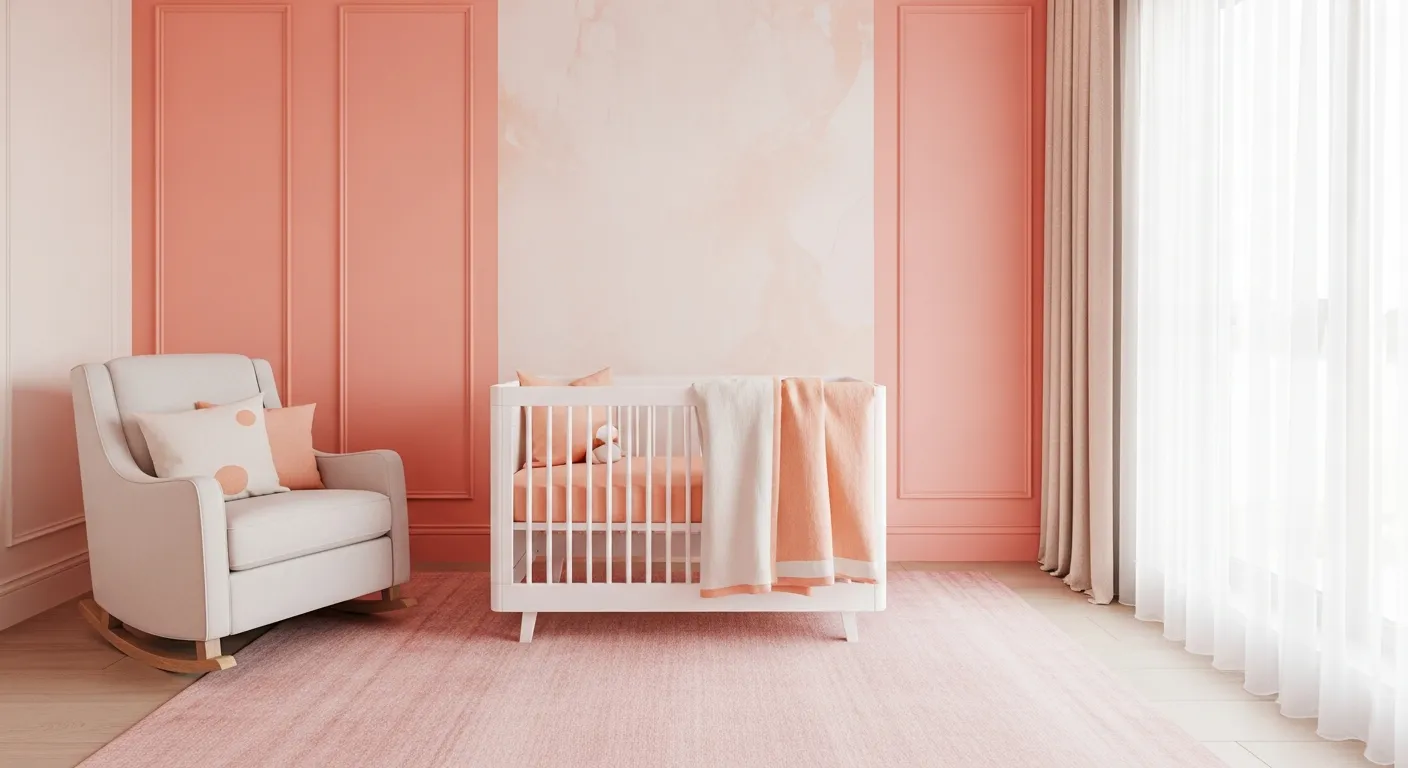 A Modern Newborn Nursery Room is Featuring Walls Painted in a Soft Pink With a Coral Undertone, Radiating Warmth and Lively Brightness