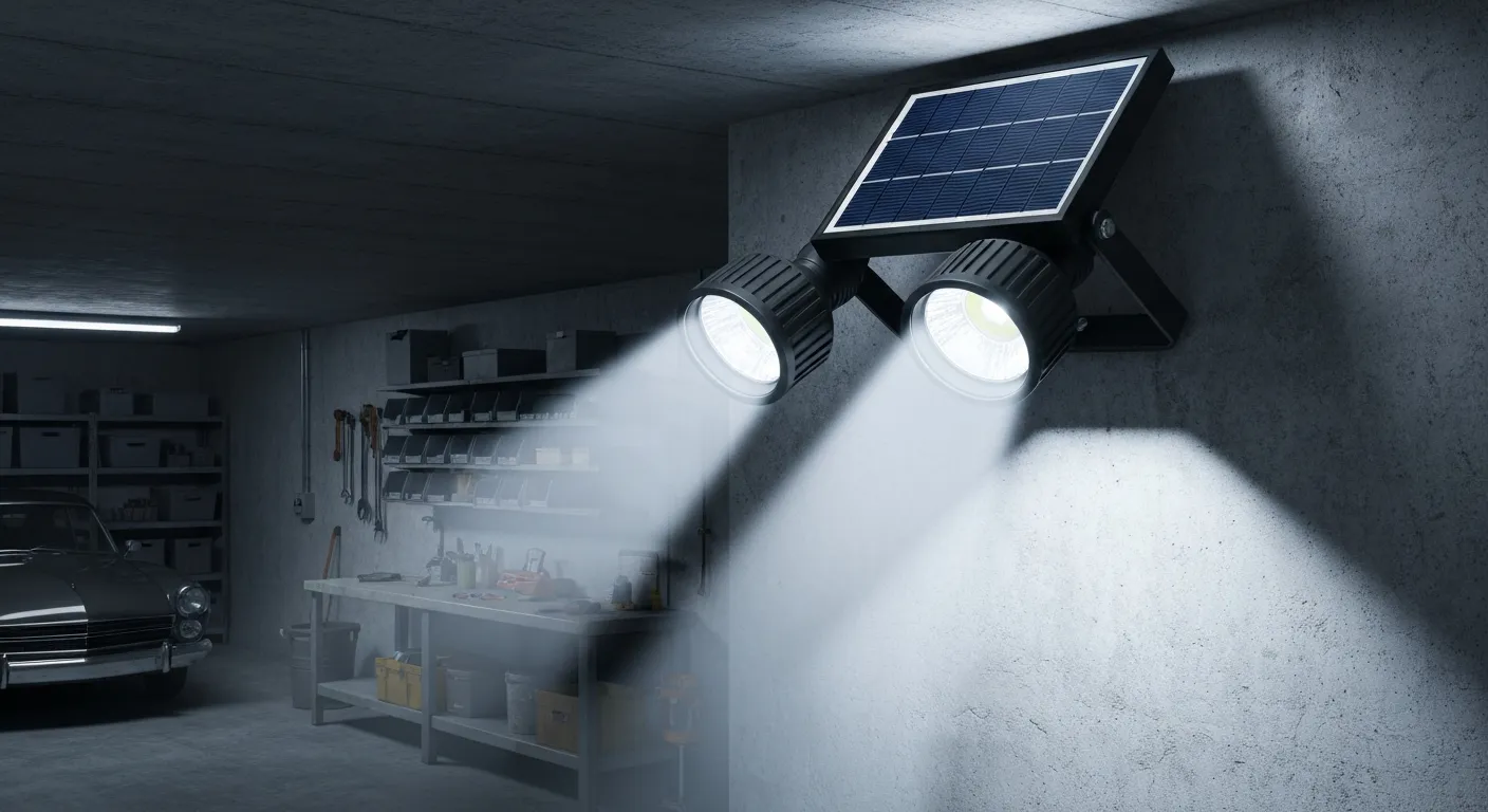 A Modern Pinegreen Lighting Solar LED Black 3-head Motion-activated Flood Light With Matte Black Fixture, is Securely Mounted High on a Garage Wall