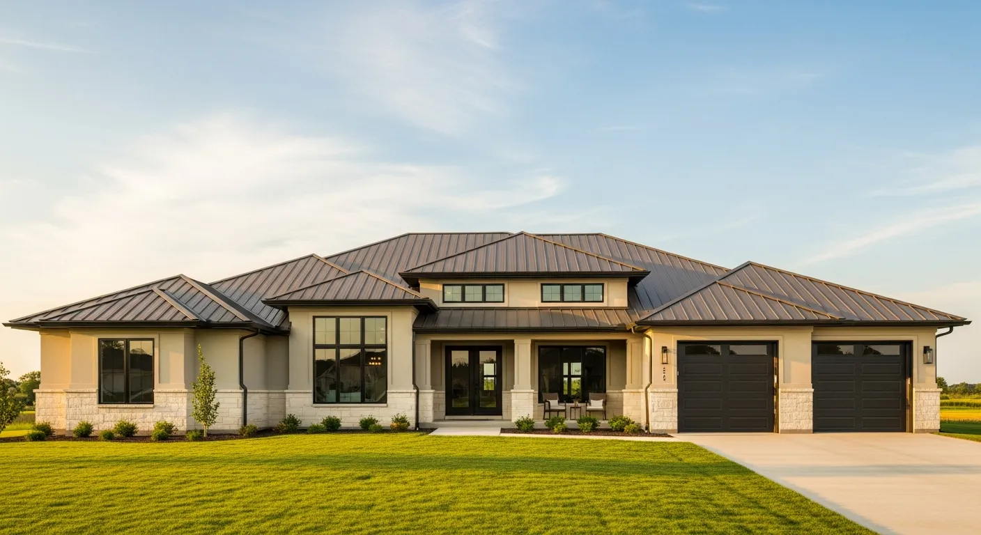 A Modern Residential Home in Durable Brown Metal Roof Beautifully Contrasted by the Warm Beige-painted Walls