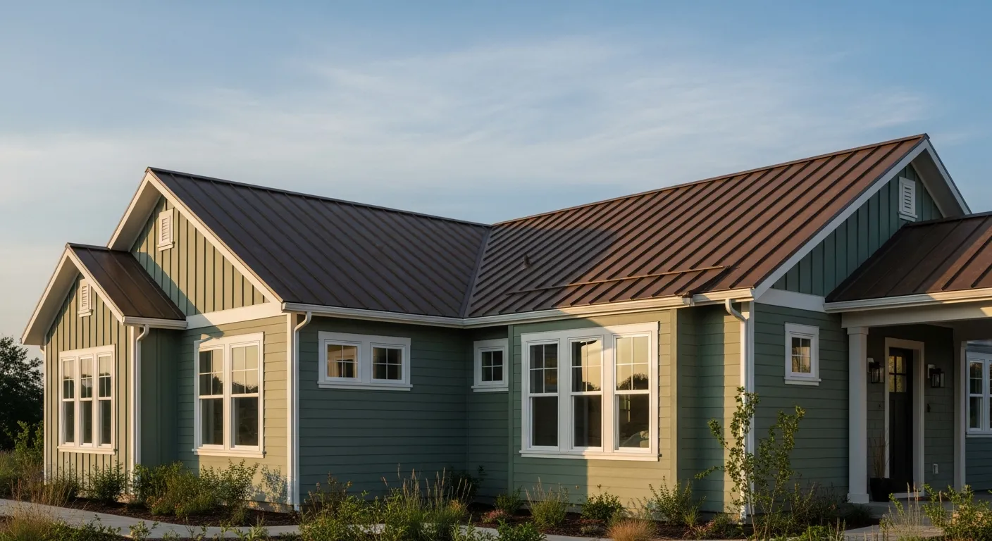 A Modern Residential House Featuring an Elegant, Matte Sage Green Siding, Beautifully Complemented by a Rich, Brown Standing Seam Metal Roof
