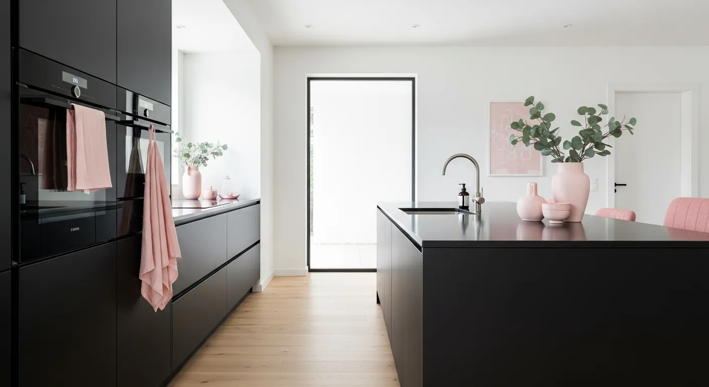 A Modern Scandinavian-style Kitchen with Sleek Matte Black Cabinetry and a Large Island Beautifully Contrasted by Delicate Blush Pink Accents