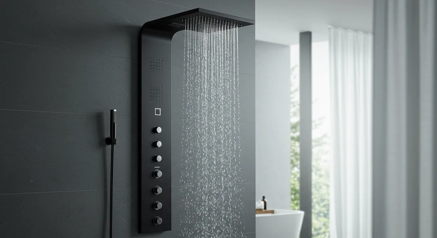 A Modern Shower Panel Made of Dark Black Material Featuring a Large Overhead Rain Shower A Modern Shower Panel Made of Dark Black Material Featuring a Large Overhead Rain Shower