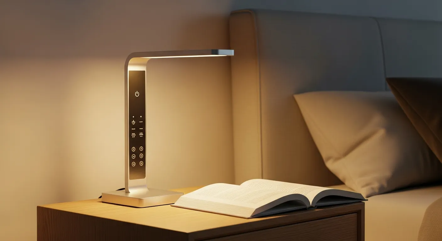 A Modern, Sleek Bedside Lamp Casting a Warm, Inviting Glow, Subtly Illuminating a Neatly Arranged Wooden Nightstand