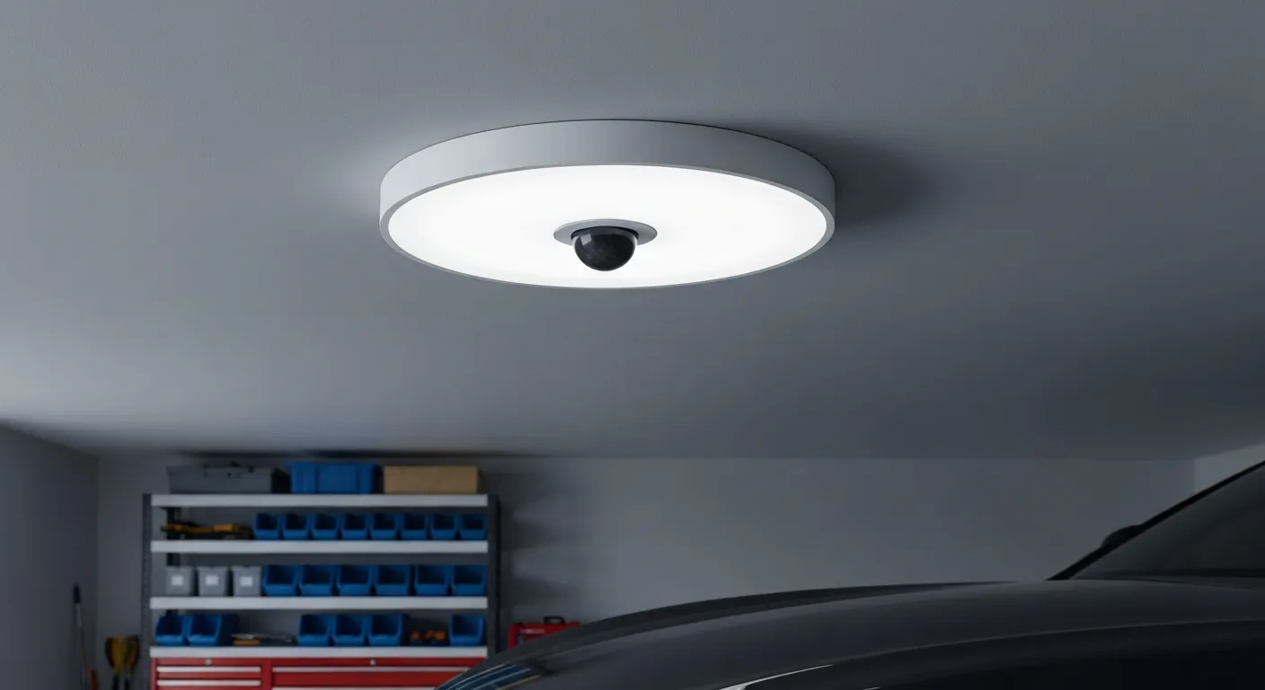 A Modern, Sleek ECOELER PIR Motion Sensor LED Ceiling Light is Flush-Mounted Centrally on a Smooth, Light Gray Painted Drywall Ceiling