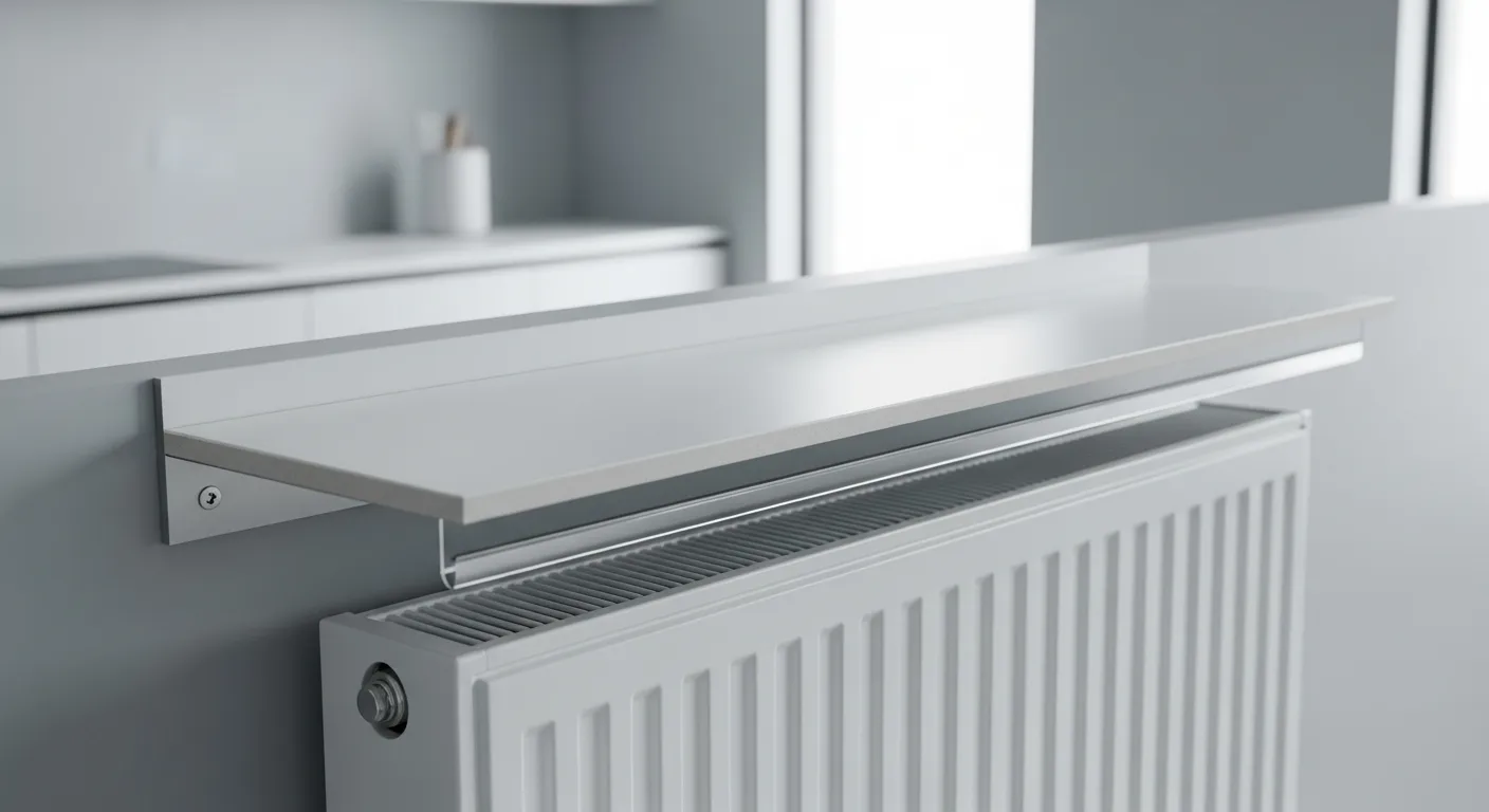 A Modern, Sleek, Minimalist Heat-resistant Counter Panel Precisely Mounted Directly Above a Contemporary White Kitchen Radiator