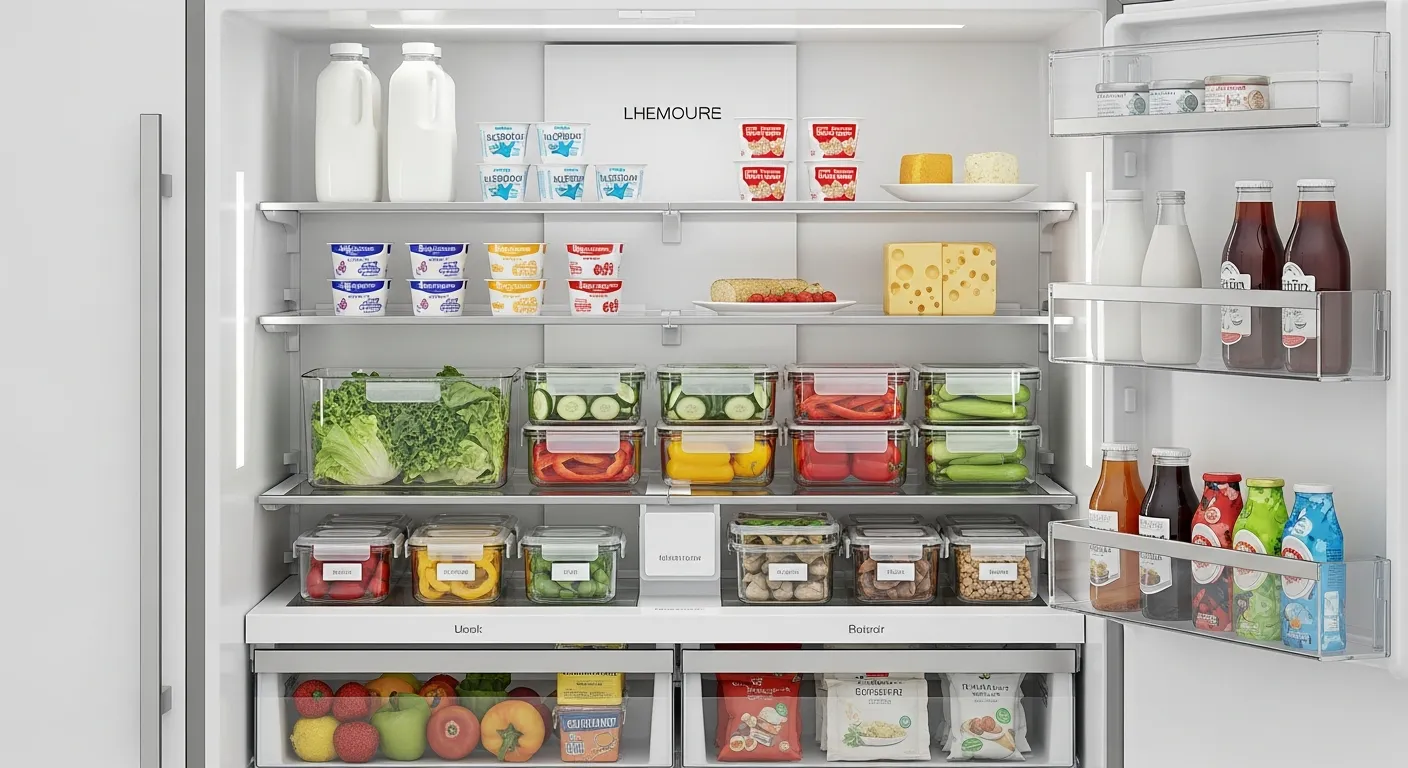 A Modern, Sparkling Clean Refrigerator Interior With Neatly Arranged Products
