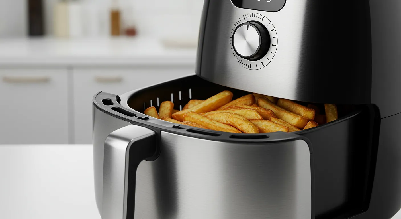A Modern Stainless Steel Air Fryer on a Clean White Countertop A Modern Stainless Steel Air Fryer on a Clean White Countertop