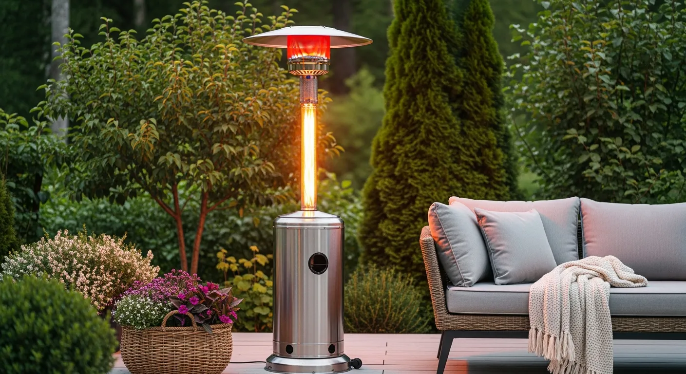 A Modern, Tall Silver Stainless Steel Patio Heater
