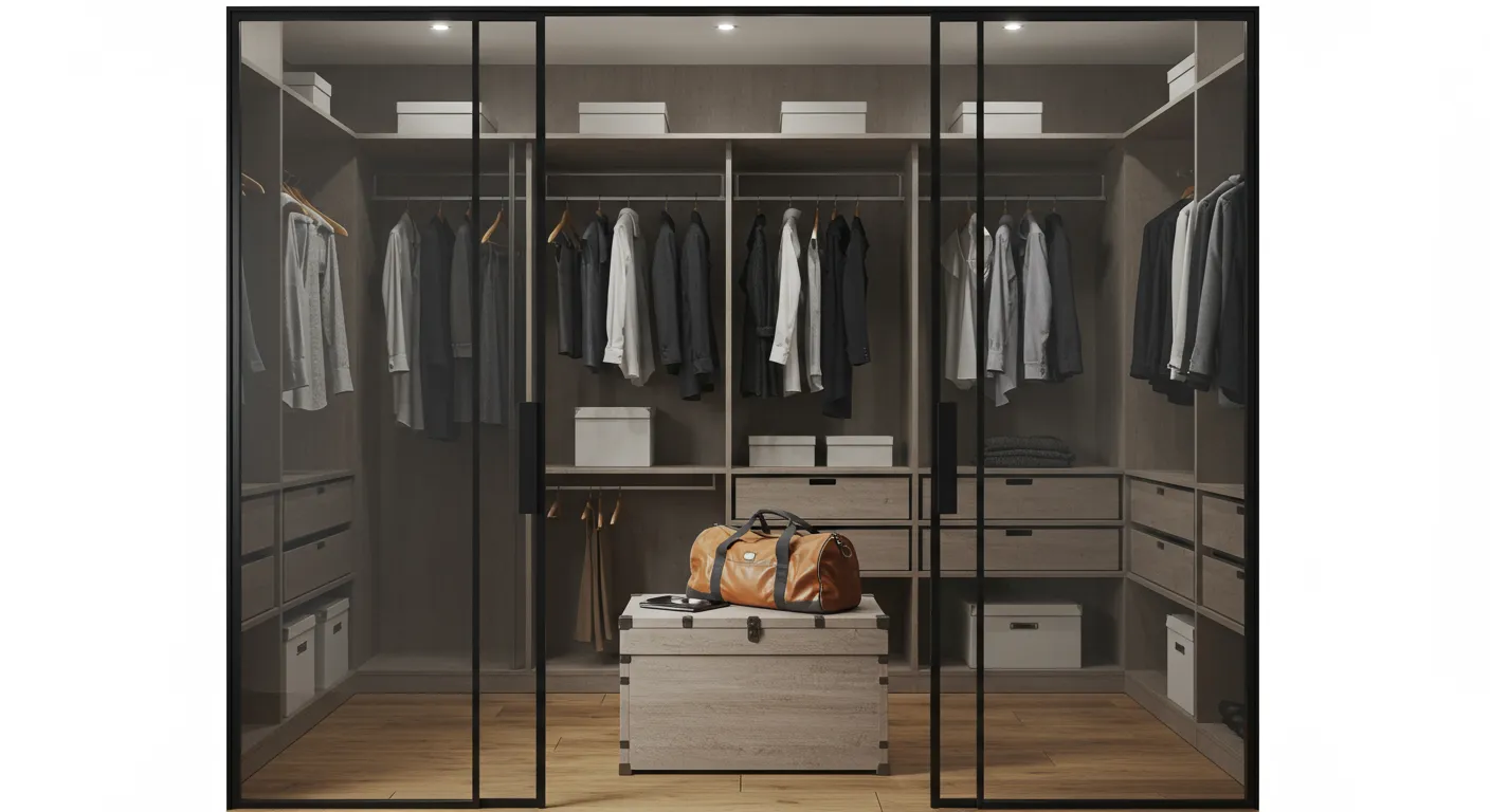 A Modern Walk-in Closet With Glass Door A Modern Walk-in Closet With Glass Door