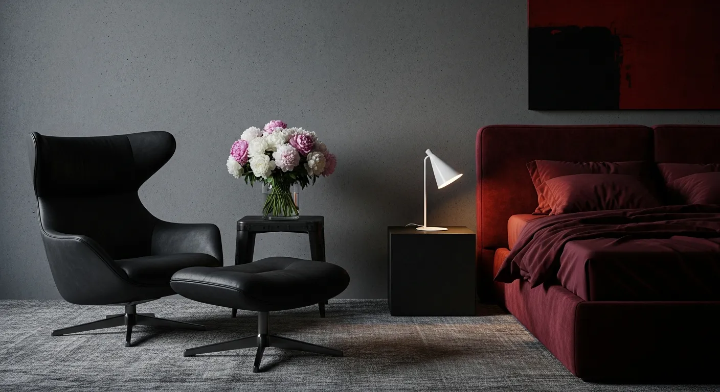 A Moody, Modern Bedroom Interior With a Dark Grey Concrete Wall