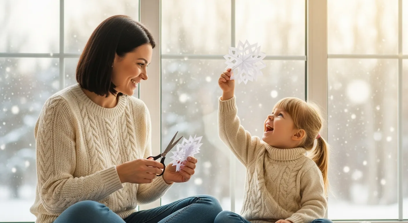 A Mother is Holding a Paper Snowflakes and Scissors in Her Hands, Looking With Affection Towards Her Daughter in Front of a Low-E Glass Window