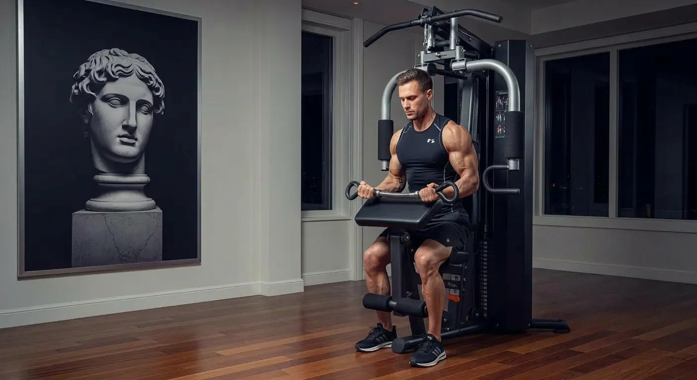 A Muscular Man Performing Bicep Curls on a Sleek Black Multi-gym Machine in an Elegant Home Gym