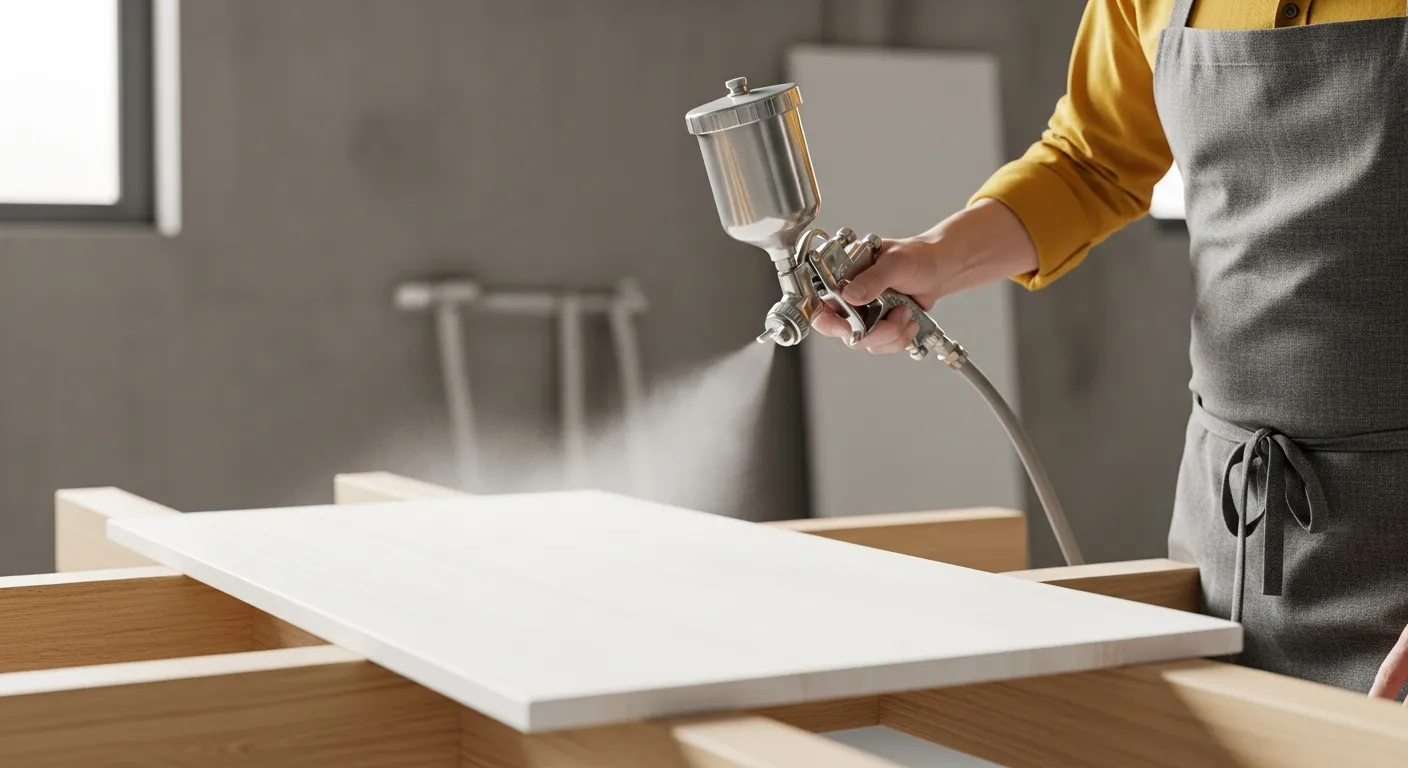 A Mustard Yellow Shirt and Grey Apron Using a Metallic Spray Gun to Paint a White Rectangular Wooden Panel in a Workshop