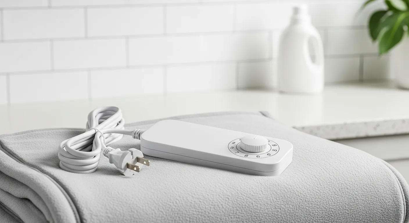 A Neatly Folded, Soft Light Grey Fleece Heated Blanket, Rests on a Countertop With a Rectangular Control Unit on It