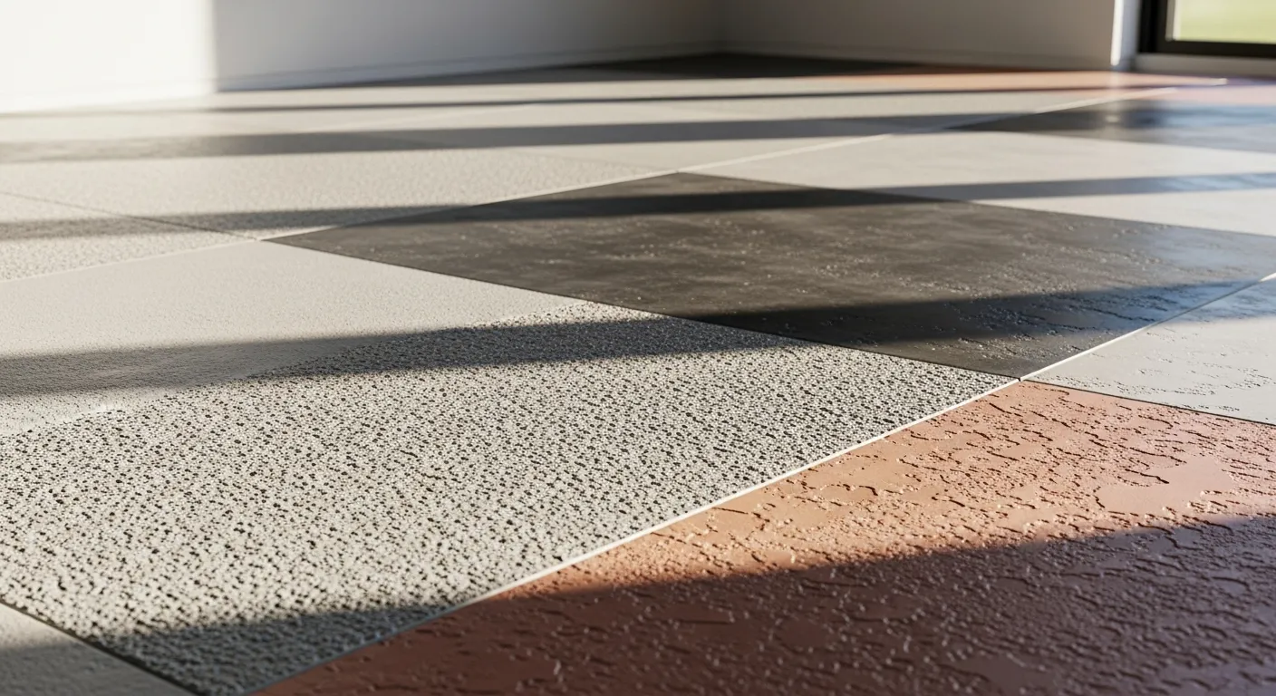A Newly Finished Concrete Floor Presenting a Mosaic of Distinct Microtopping Finishes