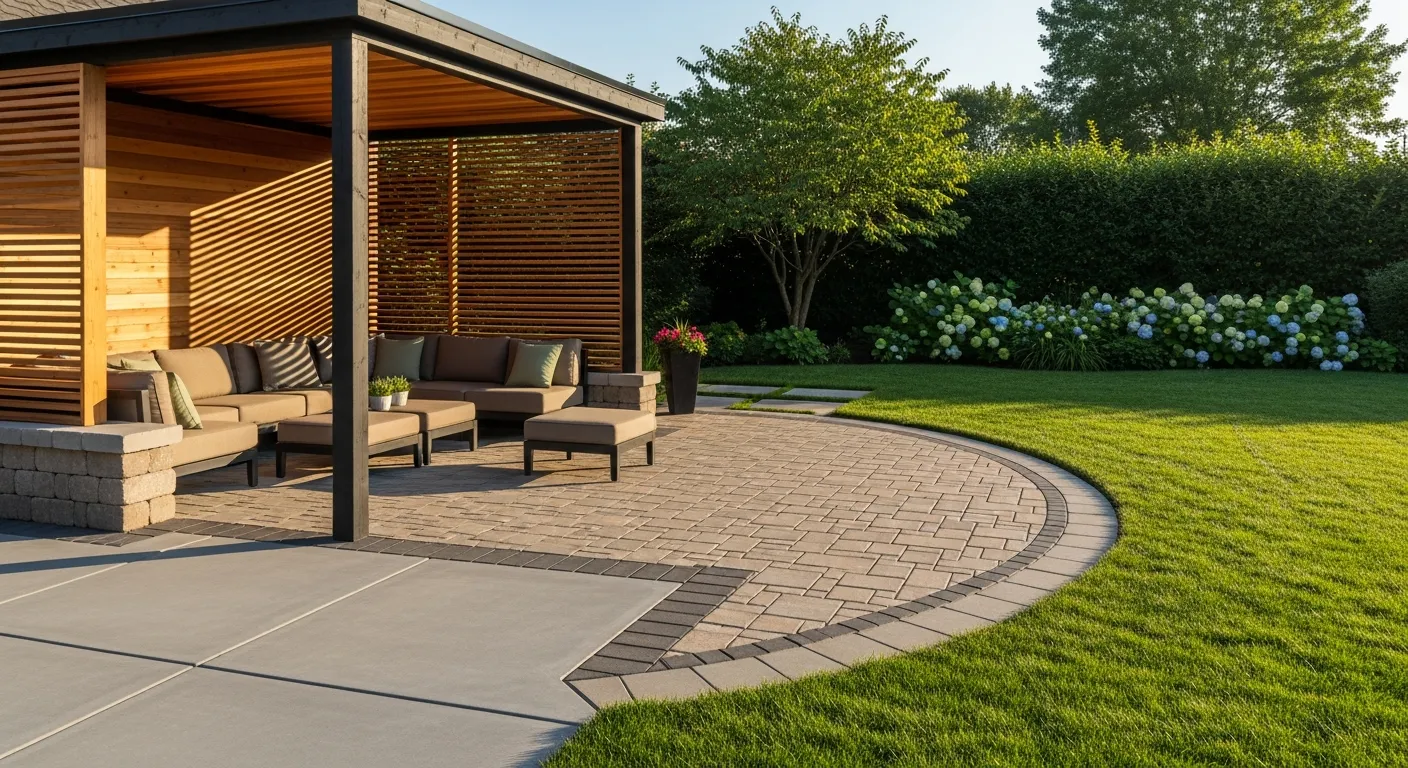 A Newly Installed, Compact Semicircular Patio Extension Crafted From Elegant, Warm-toned Interlocking Paver Stones