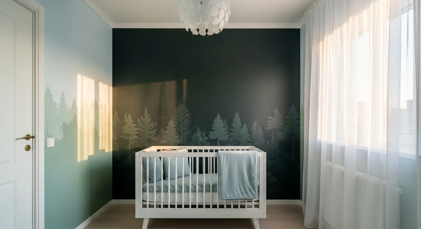 A Nursery Featuring a Soft Gradient Where Dreamy Sky Blue Softly Transitions Into a Forest-inspired Green Shade, Creating a Breathable and Tranquil Backdrop