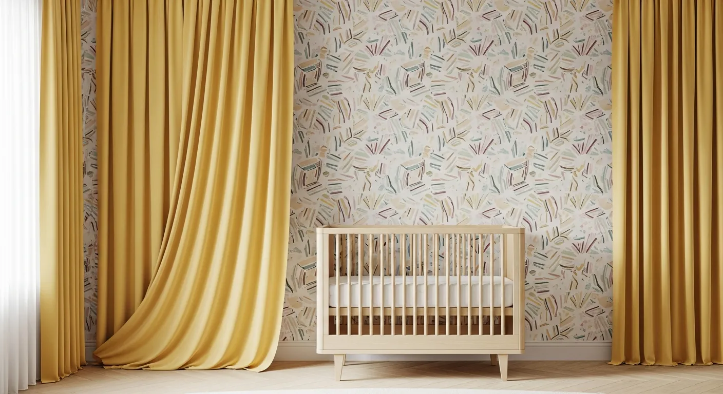A Nursery Interior With an Intricate, Multi-colored Abstract Pattern Wallpaper, Subtly Blending Shades of Creamy White, Pale Beige, and Light Wood Tones