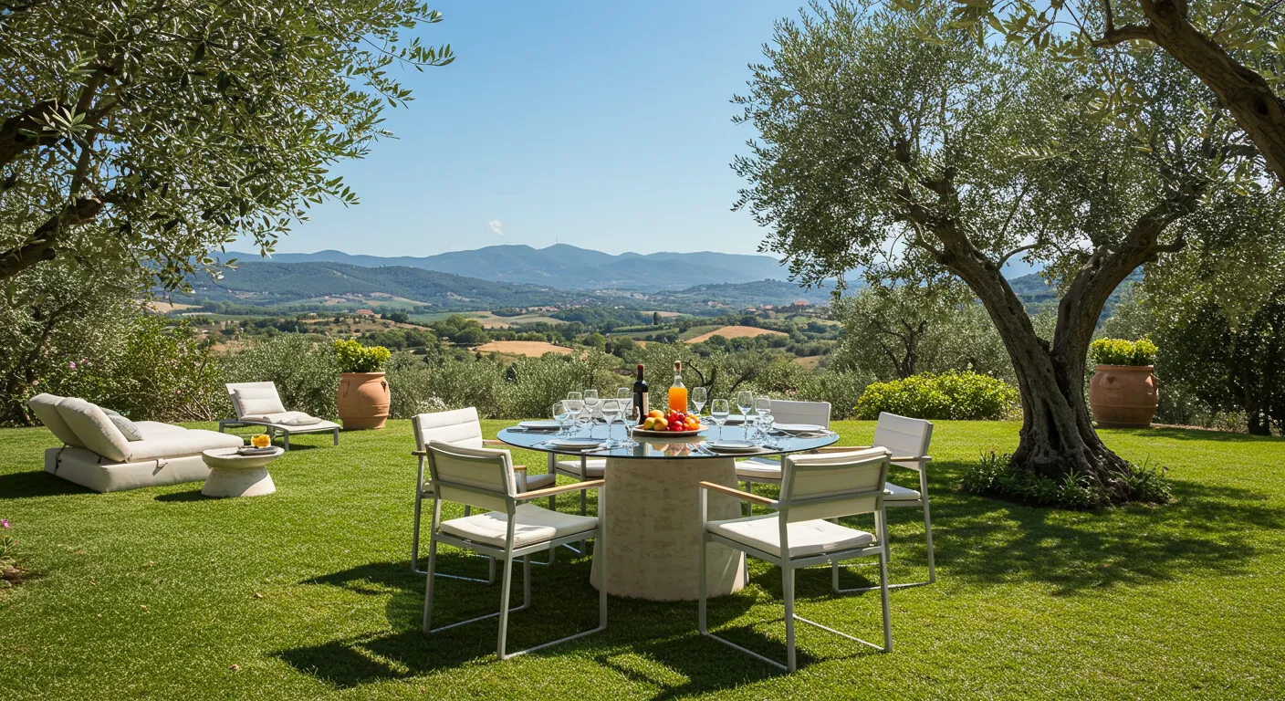 A Outdoor Dining Scene Set on a Perfectly Manicured Lawn A Outdoor Dining Scene Set on a Perfectly Manicured Lawn