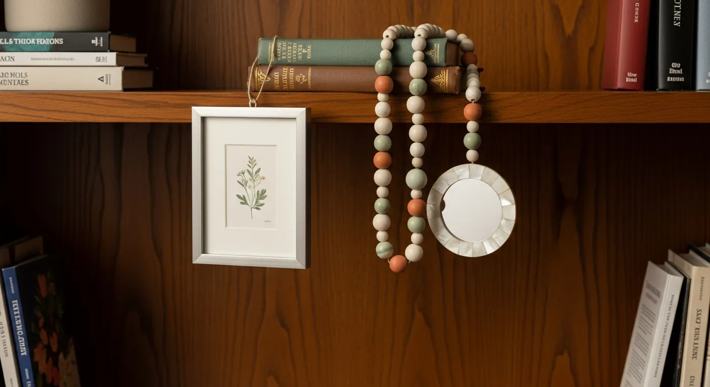 A Pair of Art Pieces Elegantly Suspended From the Front and Edges of a Warm, Richly Textured Dark Wood Bookshelf