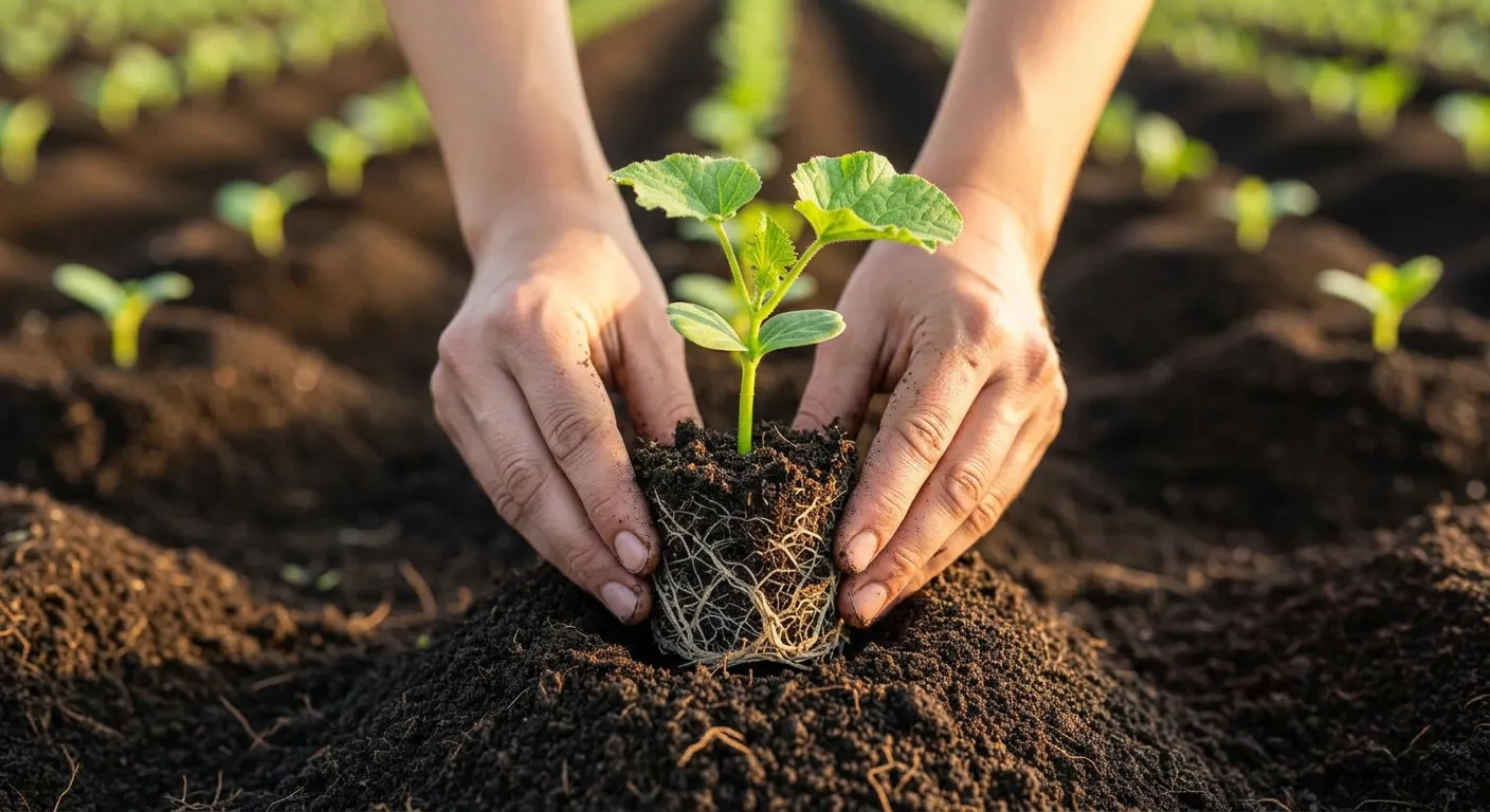 A Pair of Hands, Lightly Dusted With Rich, Dark, Moist Soil, Meticulously Transplanting a Vibrant Young Cantaloupe Seedling