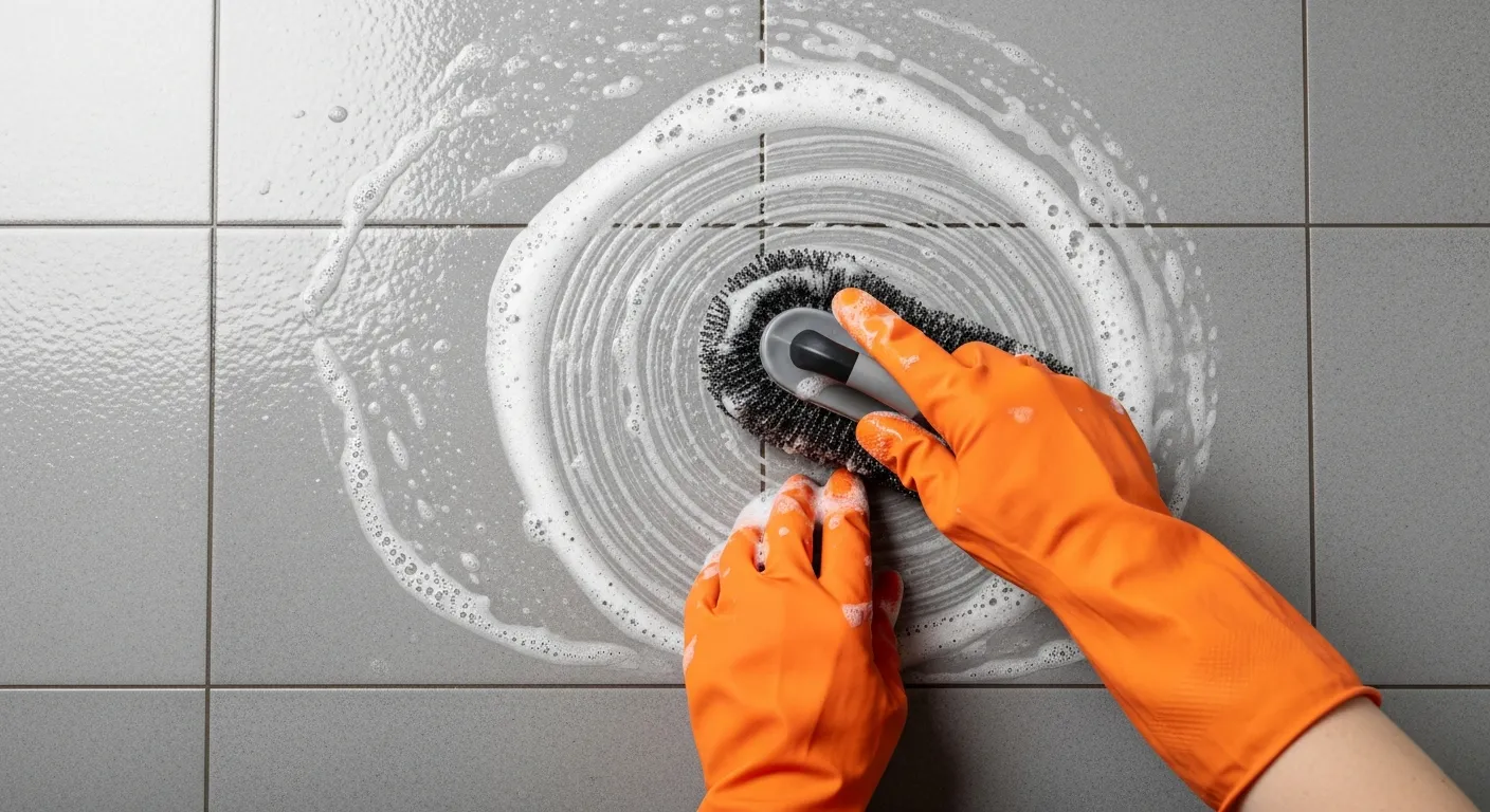 A Pair of Human Hands Firmly Grips a Dark Grey and Black Scrubbing Brush, Actively Moving It in a Circular Motion Across a Grey Textured Tiled Floor