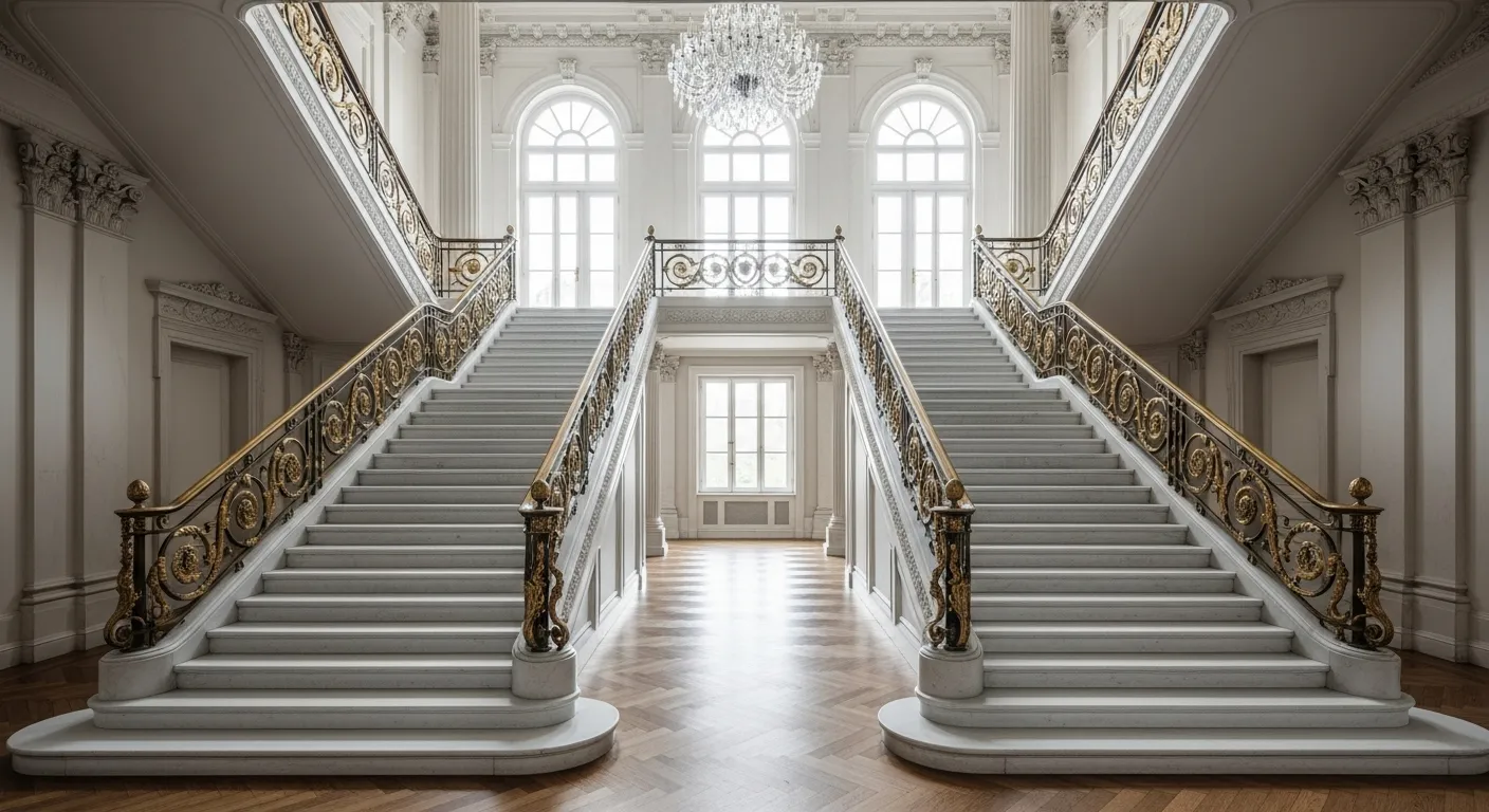 A Pair of Sweeping Dual Grand Staircases Crafted From Polished White Marble With Intricate Gold Leaf Accents