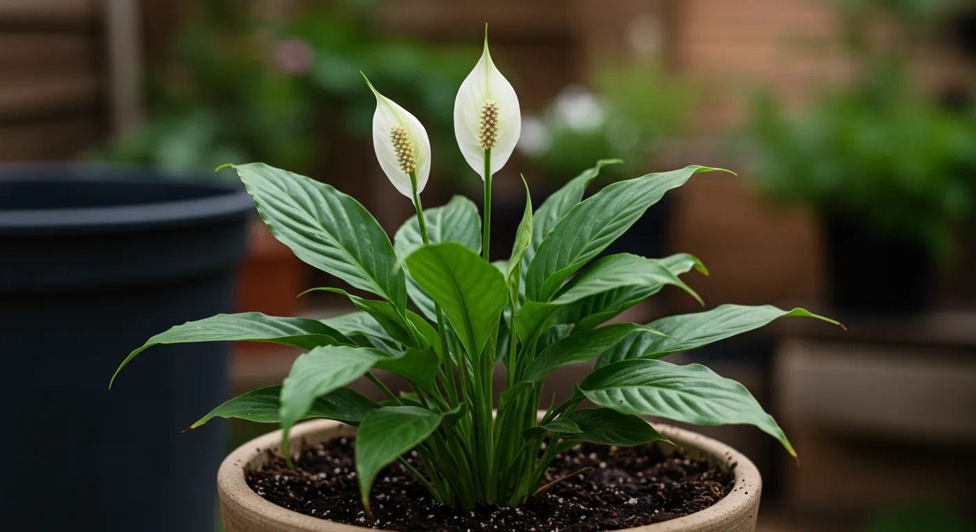 A Peace Lily in a Ceramic Pot, Partially Covered With Coffee Grounds Compost A Peace Lily in a Ceramic Pot, Partially Covered With Coffee Grounds Compost