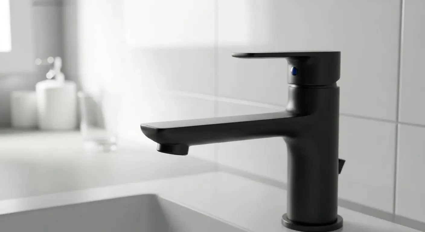 A Perfectly Clean and Gleaming Matte-black Bathroom Faucet