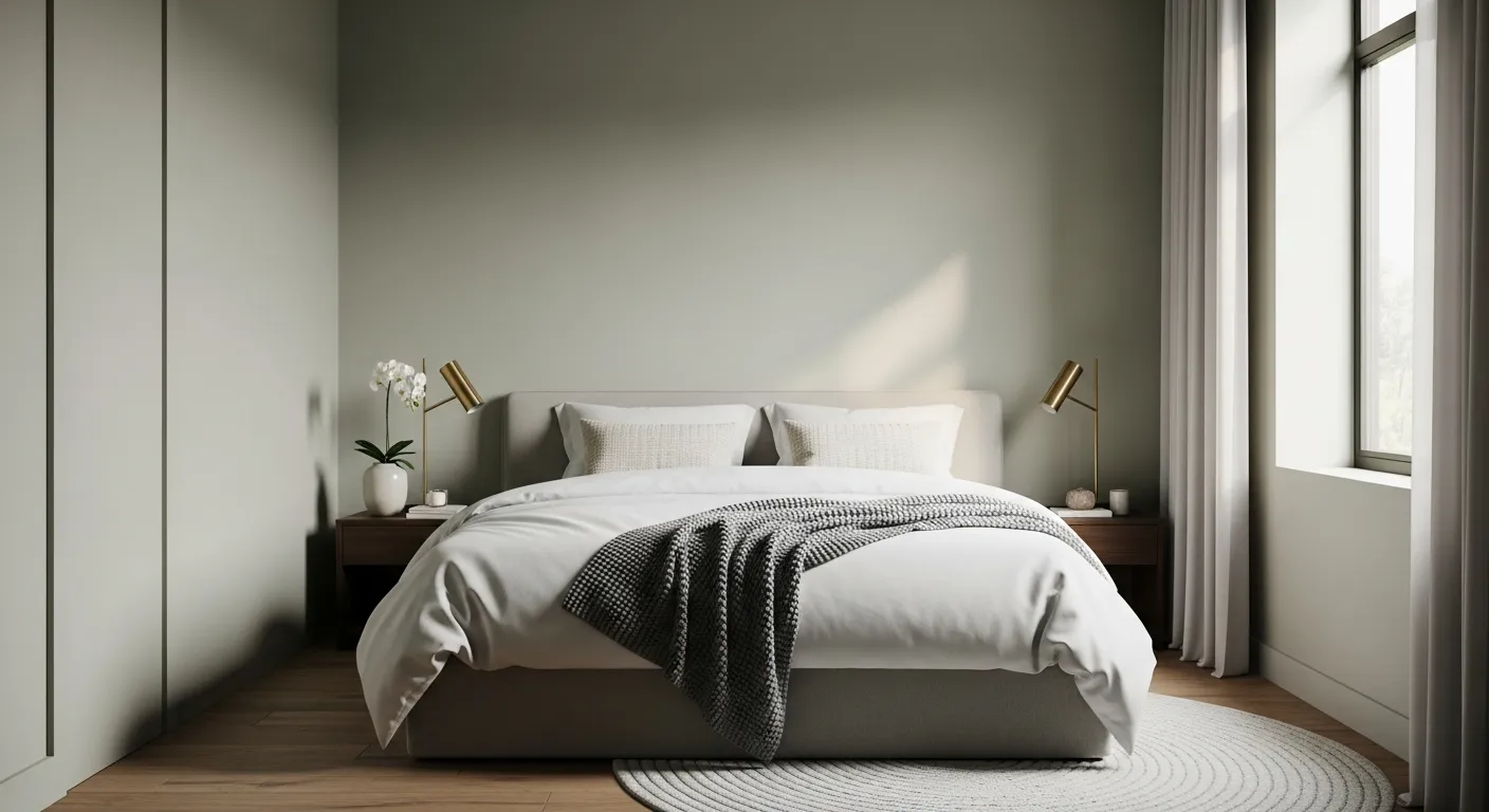 A Perfectly Made King-size Bed, Centered Against the Far Wall, Adorned With Luxurious Crisp White Linen and a Soft Gray Knitted Throw at Its Foot