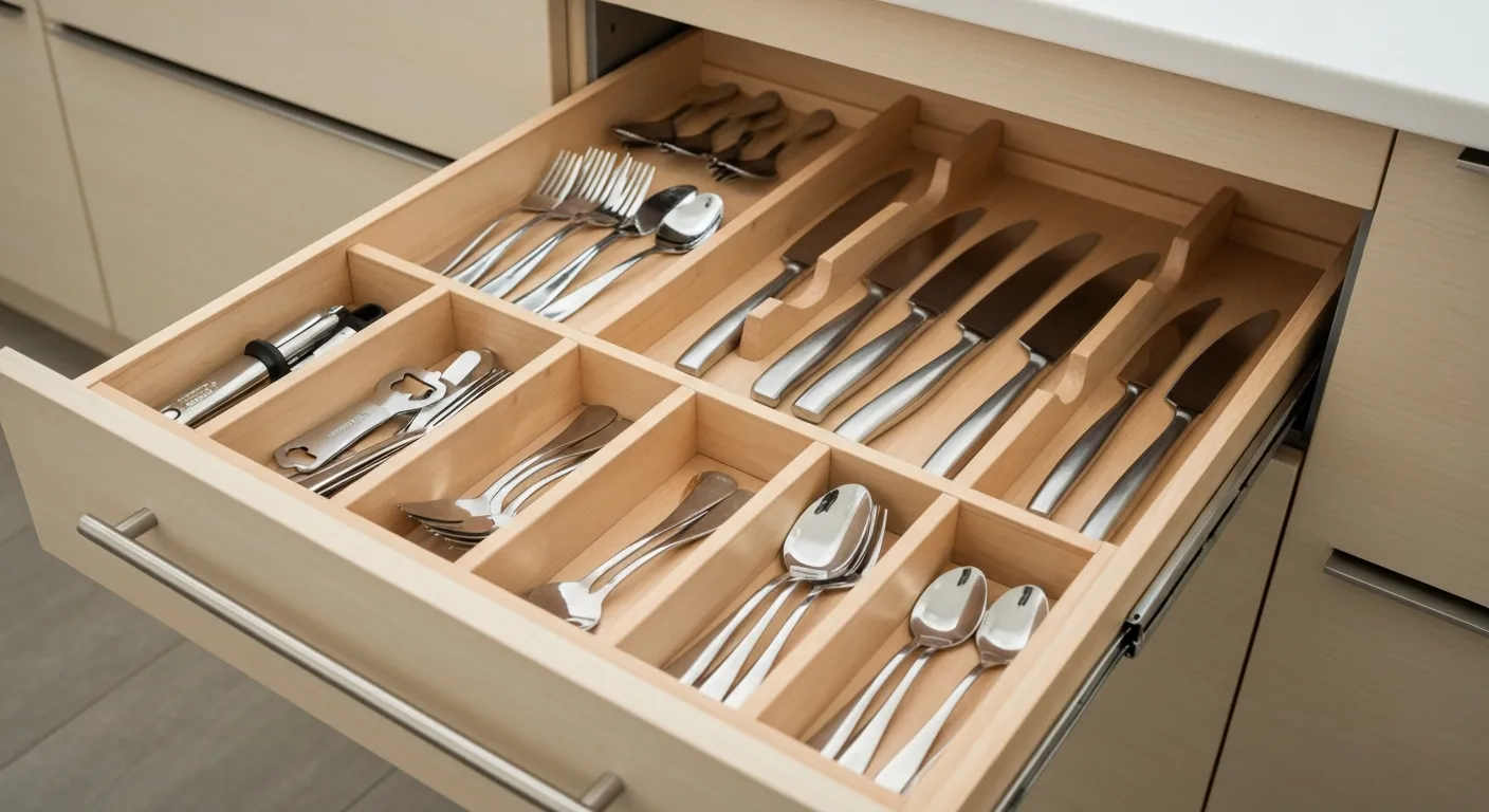 A Perfectly Organized, Pull-out Cutlery Drawer Nestled Directly Beneath a Sleek, Minimalist Kitchen Countertop