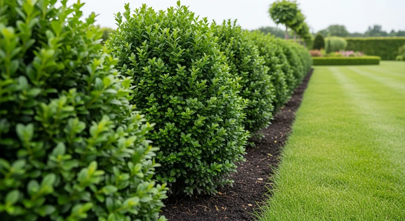 A Perfectly Planted, Thriving Hedge Row of Vibrant, Dark Green Boxwood Shrubs